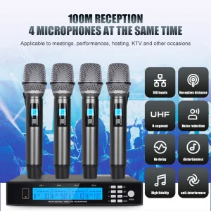 NXG NG-4 Professional 4 Wireless Microphone Receiver Set, Metal Handheld Mic with HD Screen, 100 Adjustable Frequency Bands, Sturdy Metal Mesh Mic Head, Plug and Play Wireless Mic Kit for Live Show, Wedding, Speech & Classroom Teaching - Thumbnail Image 2