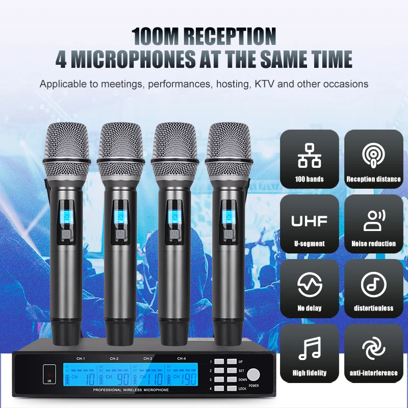 NXG NG-4 Professional 4 Wireless Microphone Receiver Set, Metal Handheld Mic with HD Screen, 100 Adjustable Frequency Bands, Sturdy Metal Mesh Mic Head, Plug and Play Wireless Mic Kit for Live Show, Wedding, Speech & Classroom Teaching - Image 2