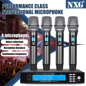 NXG NG-4 Professional 4 Wireless Microphone Receiver Set, Metal Handheld Mic with HD Screen, 100 Adjustable Frequency Bands, Sturdy Metal Mesh Mic Head, Plug and Play Wireless Mic Kit for Live Show, Wedding, Speech & Classroom Teaching