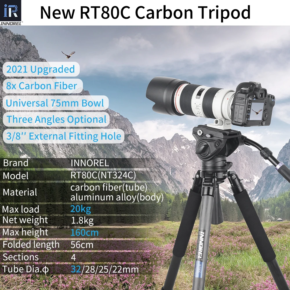 RT80C/NT324C Professional Carbon Fiber Tripod for DSLR Camera Video - Image 3