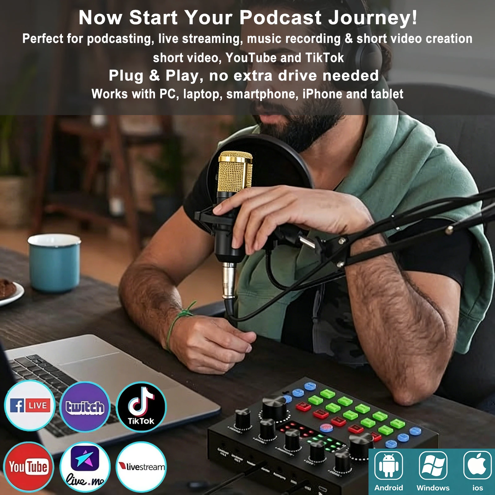 Podcast Equipment Bundle, BM800 Podcast Usb Rechargeable Microphone - Image 2